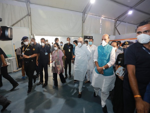 Amit Shah, Rajnath Singh visit the 1000 Bed including 250 ICU Beds Sardar Vallabh Bhai Patel COVID-19 Hospital in New Delhi on Sunday. 