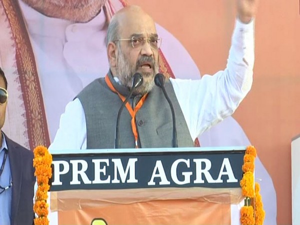 BJP chief Amit Shah addressing a public rally in Agra on Sunday. (ANI photo)