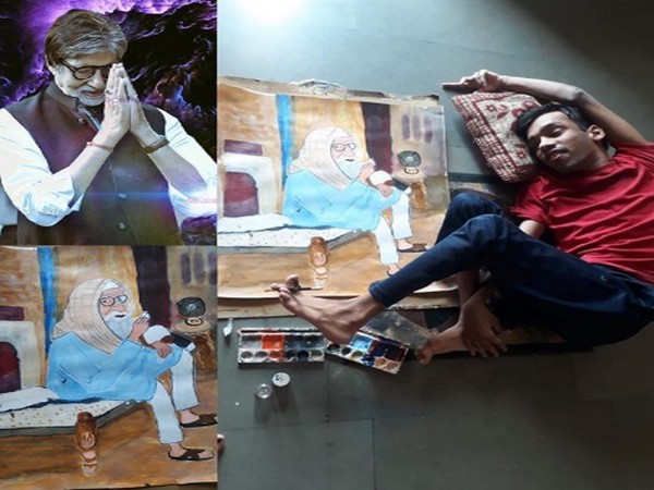 A collage of megastar Amitabh Bachchan's picture, sketch and his fan Aayush's picture (Image Source: Instagram)