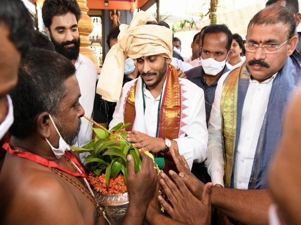 Visual of Andhra Pradesh Chief Minister YS Jagan Mohan Reddy offering prayers at the temple (Photo/ANI)