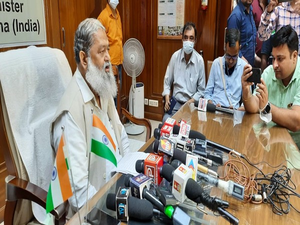 Haryana Health Minister Anil Vij at the press conference on Wednesday. 