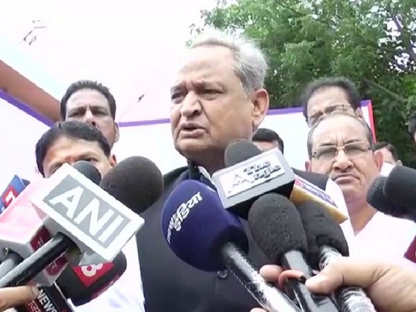 Rajasthan Chief Minister Ashok Gehlot speaking to reporters in Jaipur on Tuesday. Photo/ANI