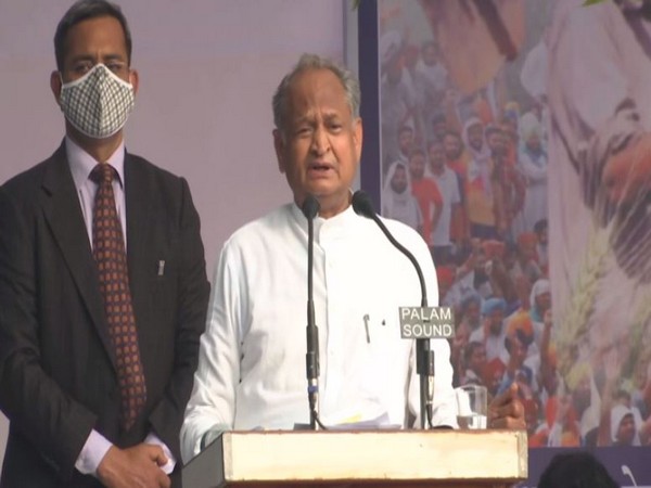 Rajasthan CM Ashok Gehlot addressing a gathering at the protest meet by Congress in Jaipur against farm laws [Photo/ANI]