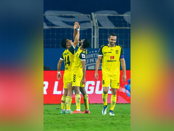 Asish Rai and Akash Mishra of HFC celebrate as the latter scores to double the lead over NEUFC (Image: ISL)