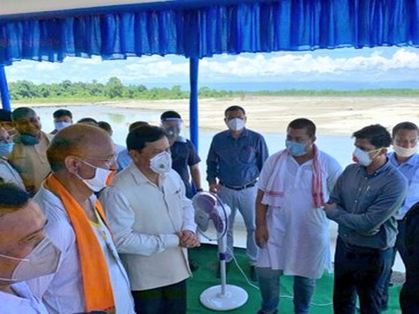 Assam Chief Minister Sarbananda Sonowal inspected erosion caused by the Kundil river on Nation Highway (NH) 37 in Sadiya. [Photo/ANI]