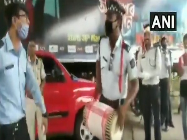 Assam Traffic Police personnel celebrating Rongali Bihu on Tuesday. Photo/ANI