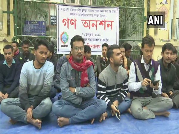 Cotton University (CU) students hold a protest against CAA in Guwahati on Wednesday.