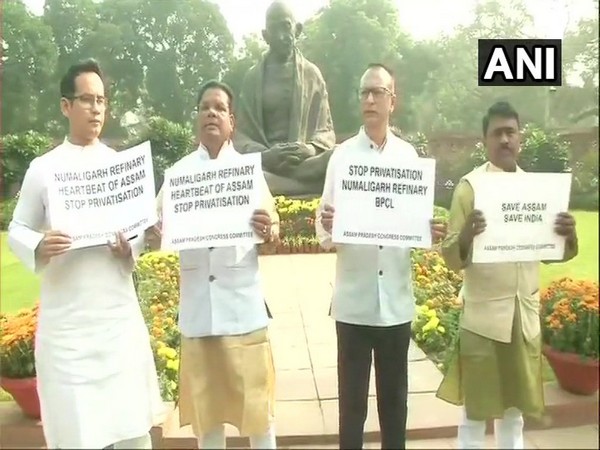 Congress MPs from Assam stage a protest against proposed privatisation of Numaligarh Refinery in Parliament premises on Tuesday.