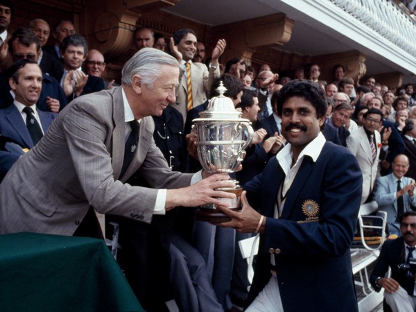 The iconic picture of Kapil Dev receiving 1983 World Cup trophy at Lord's Cricket Ground. (Photo/BCCI Twitter)