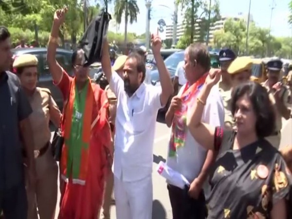 Protesters outside Telangana Assembly on Thursday (Photo/ANI)