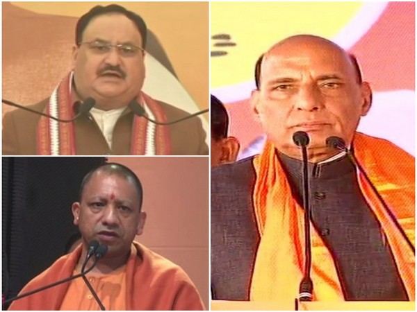 Defence Minister Rajnath Singh, BJP national president JP Nadda and Uttar Pradesh Chief Minister Yogi Adityanath