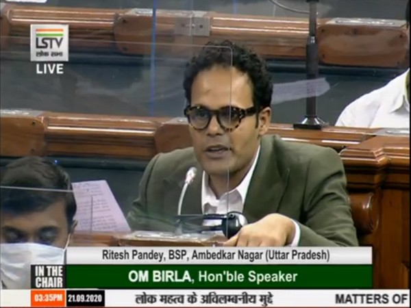 BSP MP Ritesh Pandey speaking to ANI in Lok Sabha on Monday.