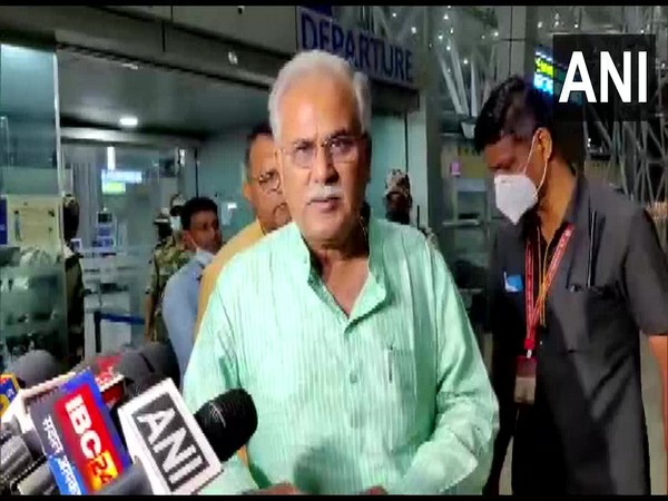 Chhattisgarh Chief Minister Bhupesh Baghel outside Raipur airport speaking to media (Photo/ANI)