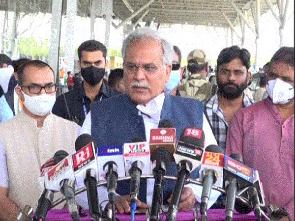 Chhattisgarh Chief Minister Bhupesh Baghel speaking to reporters in Gorakhpur on Sunday. (Photo/ANI)