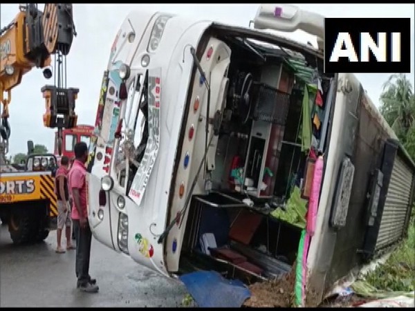 A visual of bus turtled in Balasore, Odisha. (Photo/ANI)