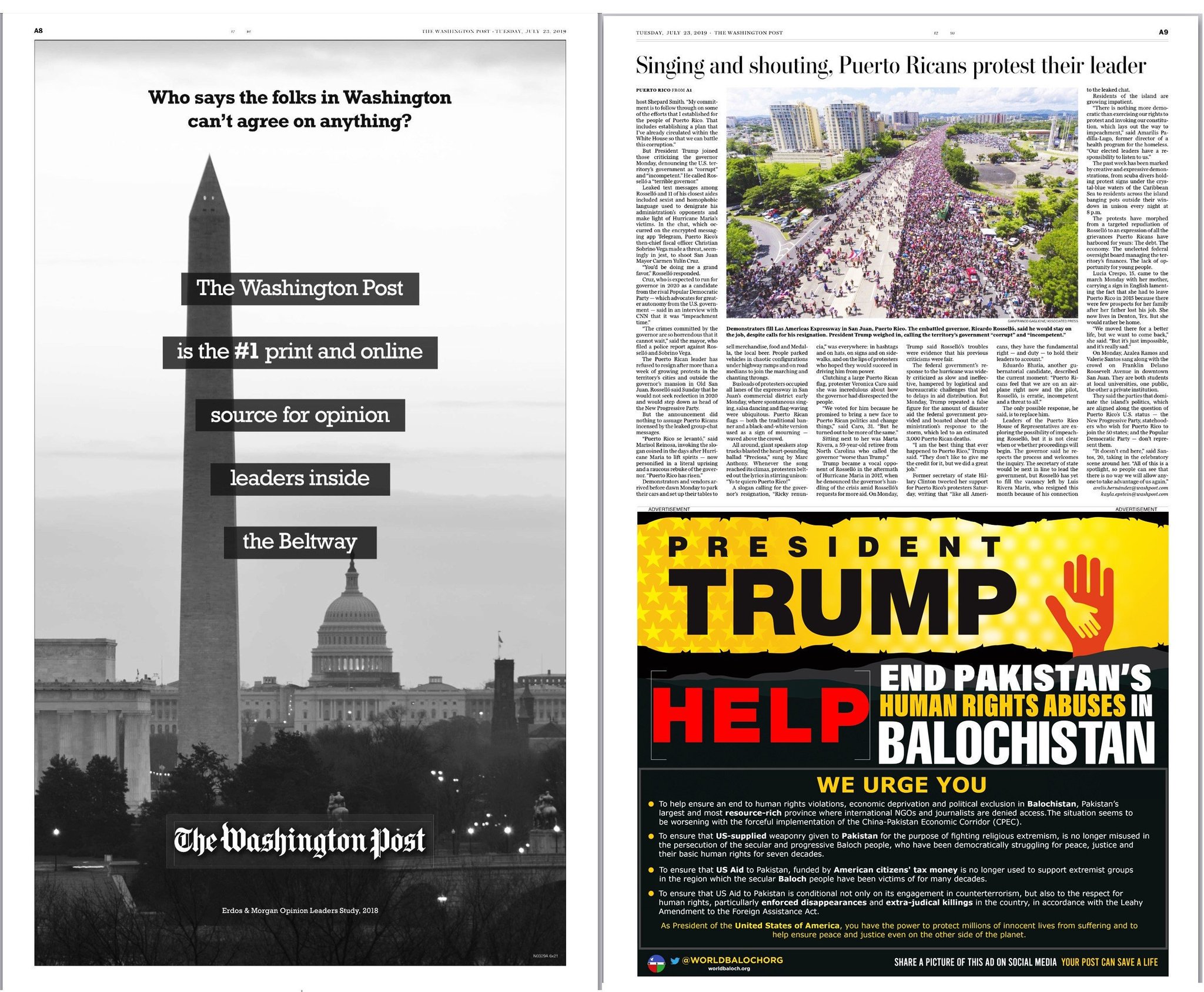 An advertisement in the Washington Post newspaper urging Trump to help end human rights abuses in Balochistan