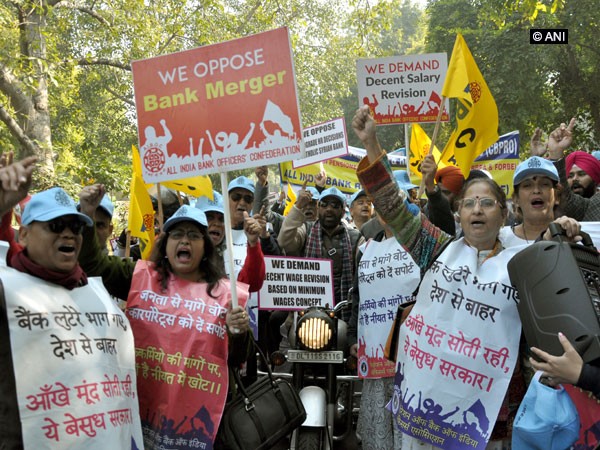 Unions are protesting against the Centre's plan to merge 10 government-owned banks.