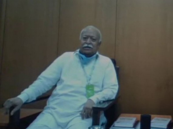 RSS chief Mohan Bhagwat speaking at a virtual book launch event in the national capital on Wednesday. Photo/ANI