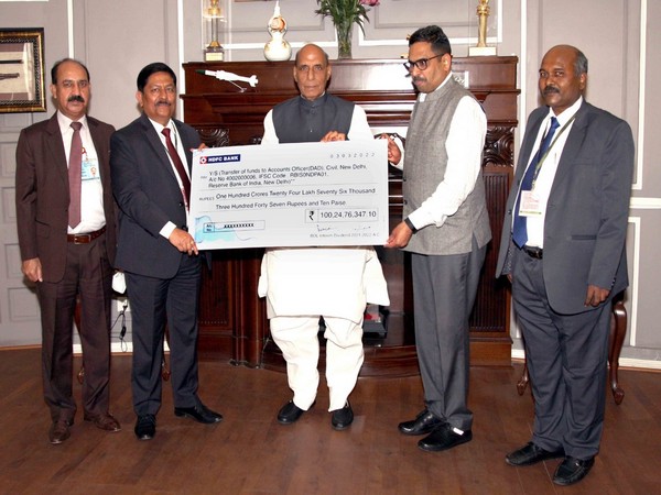 Defence Minister Rajnath Singh received interim dividend cheque from Bharat Dynamics Limited officials. 