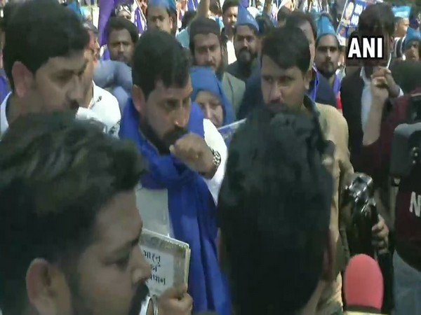 Bhim Army Chief Chandrashekhar Azad in a protest march at Mandi House on Sunday. Photo/ANI