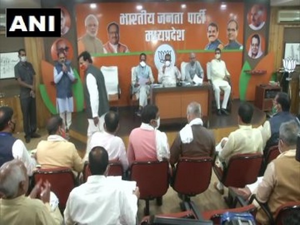 Visuals from the meeting held in BJP headquarters in Bhopal today. Photo/ANI