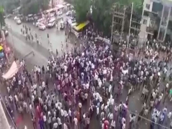 Visuals from the protest by Outsourced workers of the Electricity Department in Bhopal. Photo/ANI