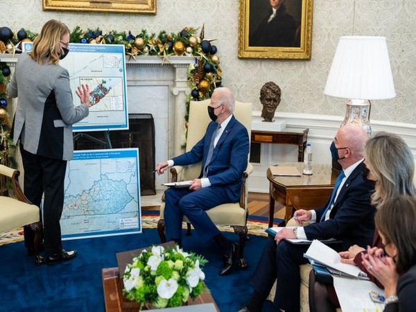 US President Joe Biden receiving a briefing on the federal response to the tornadoes and storms. (Twitter)