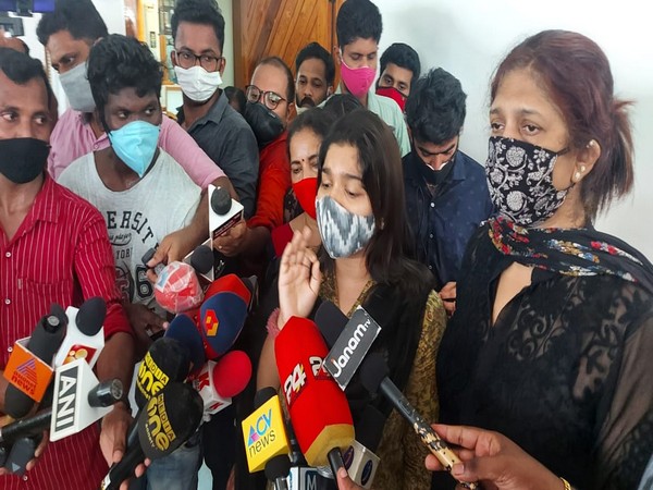 Wife of Bineesh Kodiyeri speaking to reporters on Thursday. Photo/ANI