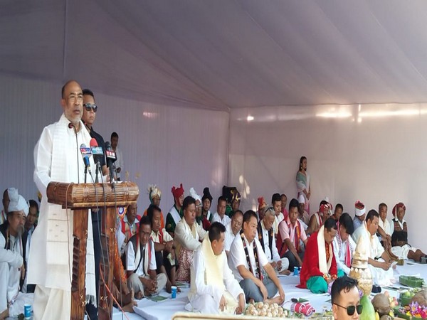 Manipur Chief Minister N Biren Singh addressing an event at the historic Kangla Fort on the occasion of Mera Houchongba festival on Sunday. (Photo/ANI)