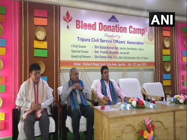 Tripura Chief Minister Biplab Kumar Deb at a blood donation camp on Sunday. Photo/ANI