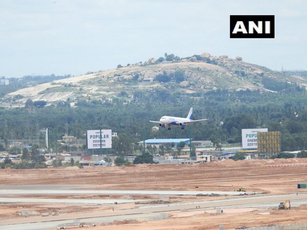 A plane landing on the new South Runway at Kempegowda International Airport in Bengaluru on Tuesday.