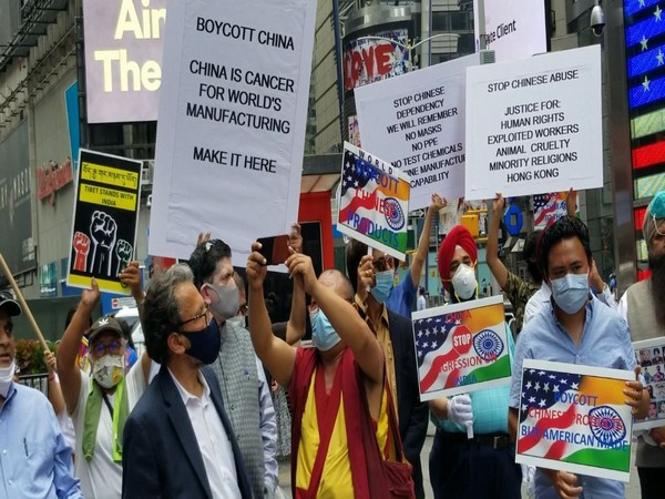 Indians in Americans holding demonstration to 'Boycott China'. Photo/ANI