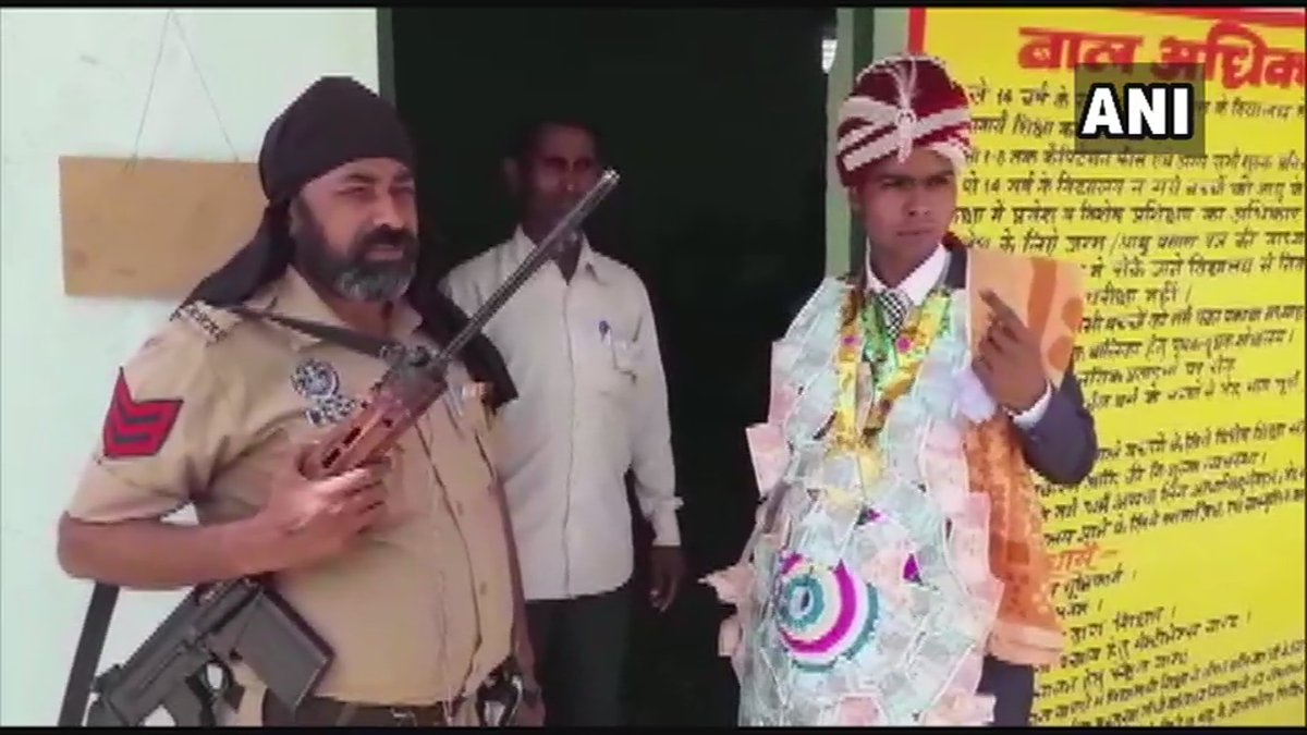 The bridegroom after casting his vote at a polling station in Bijnor on Thursday. Photo/ANI