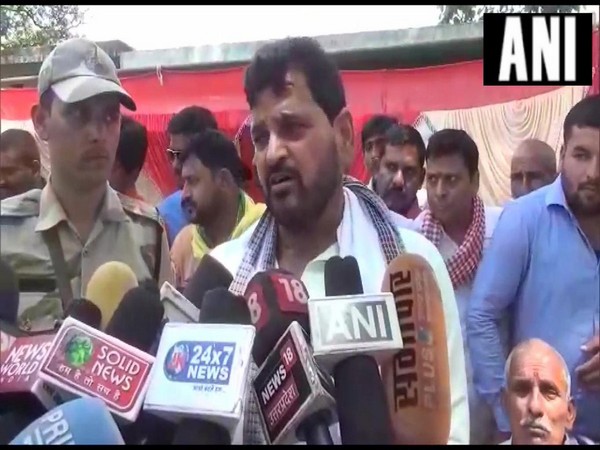 Kaiserganj BJP candidate Brij Bhushan Singh speaking to reporters in Gonda on Friday.