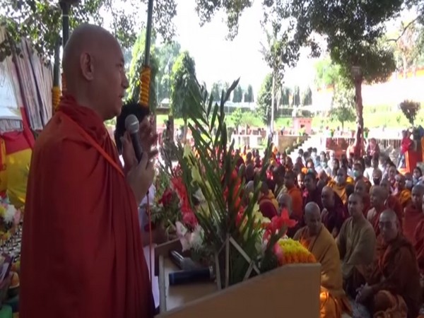 Buddhist monks offering prayers in Bodh Gaya, Bihar on Monday. Photo/ANI