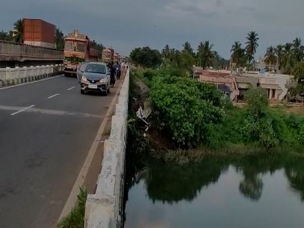 Visual of the bus which fell off the bridge Varaha river alongside National Highway 16 in Andhra Pradesh. (Photo/ANI)