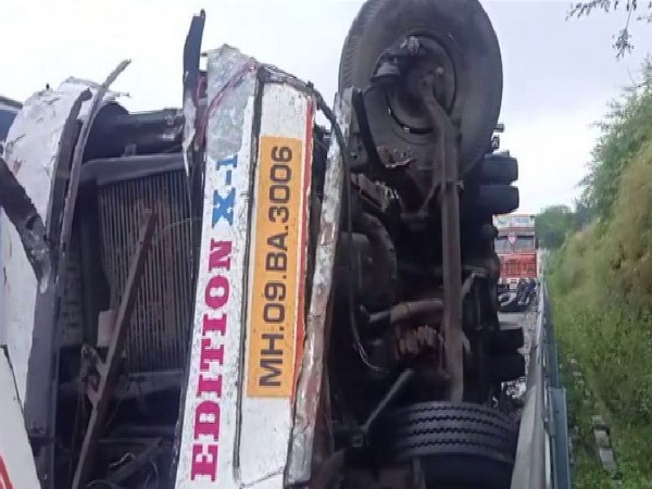 Visual from the site of bus accident on Mumbai-Pune expressway on Monday. Photo/ANI