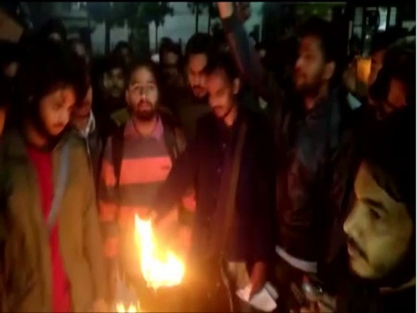 Students of AMU protesting against CAB in Aligarh on Monday.