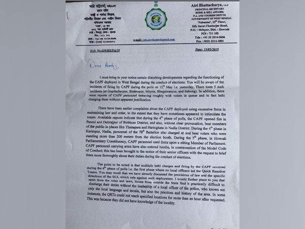 Letter written by West Bengal government to CEO on Tuesday. Photo/ANI