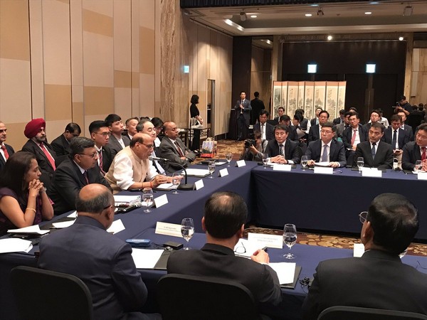 Union Defence Minister Rajnath Singh attending a CEO’s Forum in Seoul (Picture Credits: Rajnath Singh/Twitter)