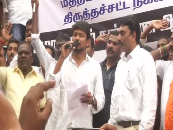 DMK youth wing President Udhayanidhi Stalin led a protest in Chennai. Photo/ANI