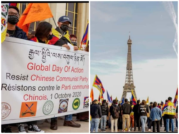 Demonstrators at the Trocadero square near the Eiffel Tower in Paris protesting against human rights violations by China. 