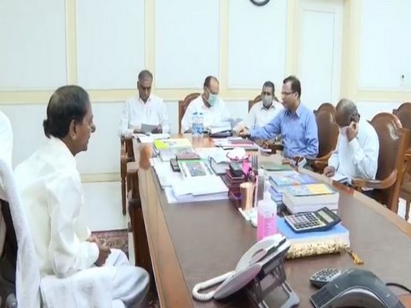 Telangana Chief Minister KCR at a  budget review meeting with the Finance Minister Harish Rao, CS Somesh Kumar and officials. (Photo/ANI)
