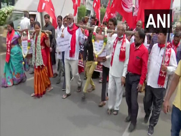 Visual of CPI holding a protest march in Telangana (Photo/ANI)