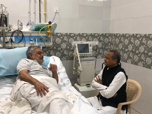 Rajasthan Chief Minister Ashok Gehlot met assembly speaker CP Joshi in hospital on Monday (Image: Twitter/AshokGehlot)