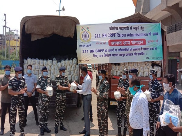 CRPF donates 100 quintals of rice to Raipur district administration on Wednesday. Photo/ANI