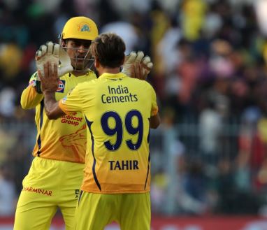 Imran Tahir celebrates with MS Dhoni after taking wicket on Sunday at Eden Gardens (Photo/ Chennai Super Kings Twitter)