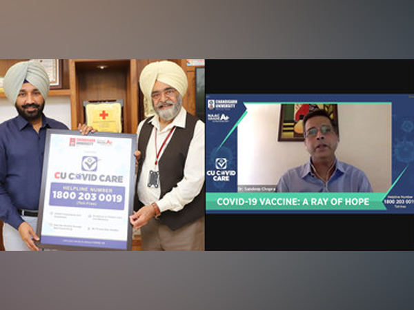 Satnam Singh Sandhu, Chancellor, Chandigarh University and Dr RS Bawa, Pro-Chancellor launching the dedicated toll free COVID Care helpline facility for the students and COVID-19 patients