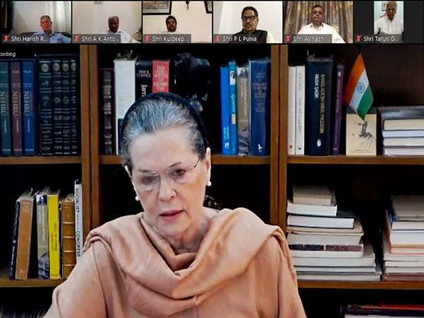 Congress president Sonia Gandhi addressing CWC meeting through video-conferencing in New Delhi on Thursday. Photo/ANI
