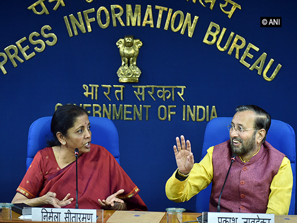 Prakash Javadekar and Nirmala Sitharaman briefing the media in New Delhi on Wednesday. Photo/ANI